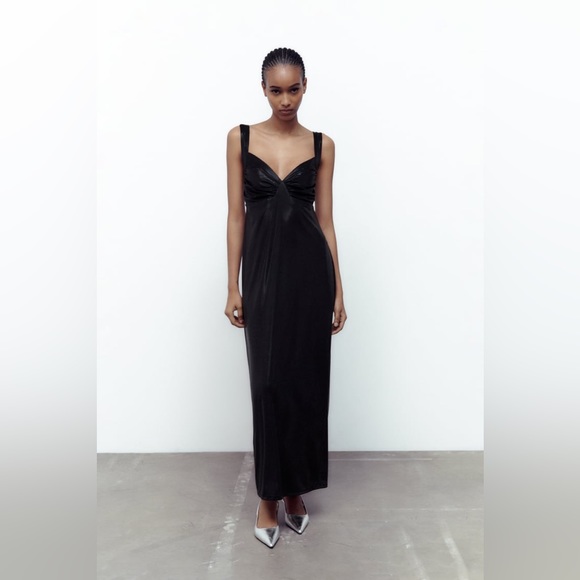 Zara NWT Long Ruched Dress in Black Metallic Maxi Open Back Size M Medium New - Picture 2 of 10